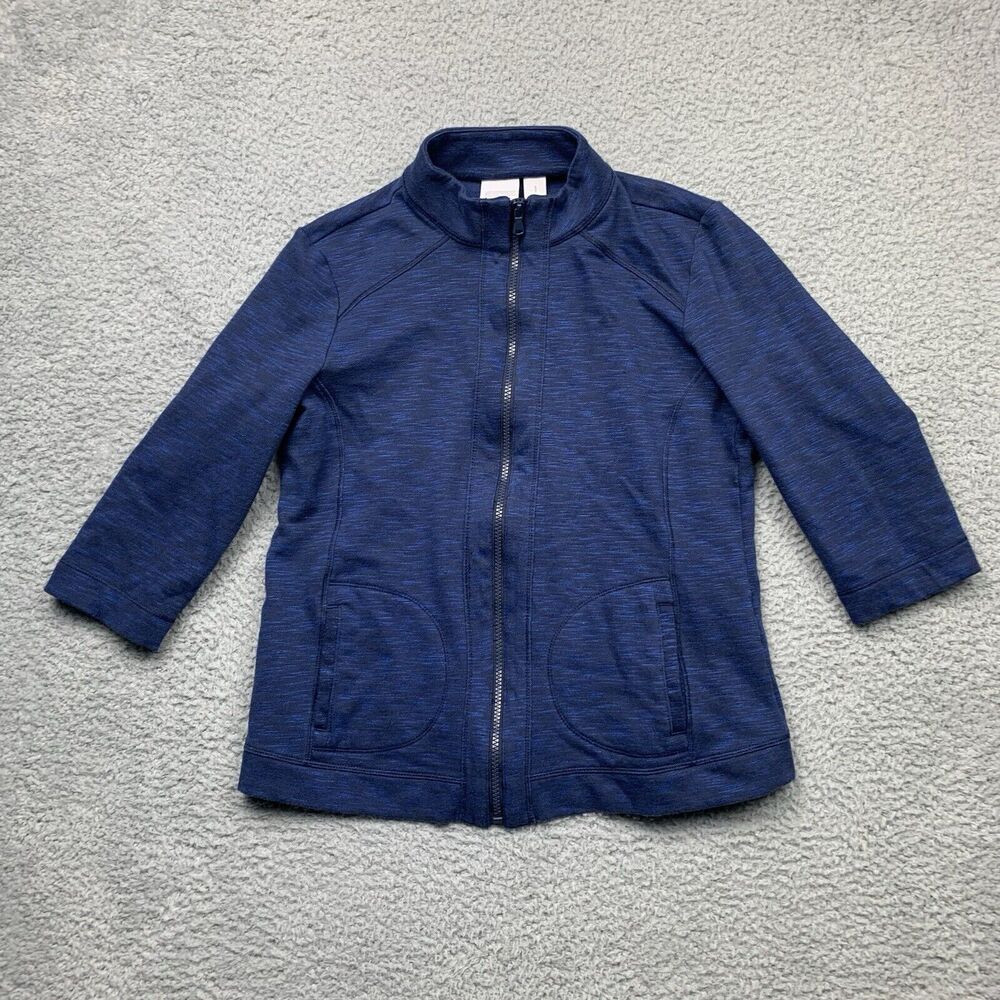 Chico's Jacket Womens Size 1/Small Blue Zip Up 3/4 Sleeve Mock Neck